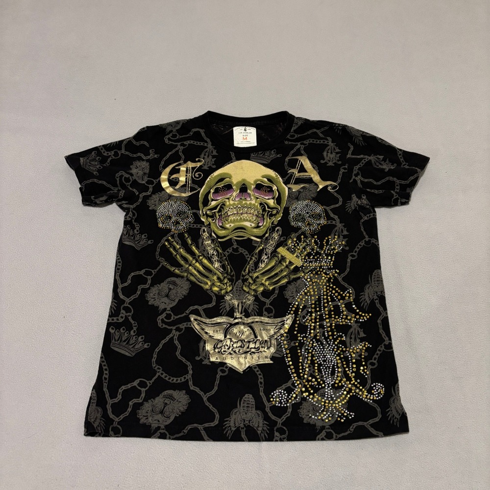 Christian Audigier Mens Skull Rhinestone Graphic T Shirt Charmed Life Medium